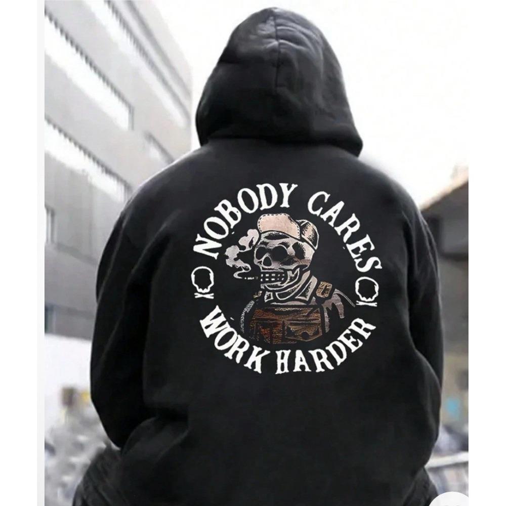 Nobody Cares‎ Work Harder" Skull hoodie Men's Black Loose Fit